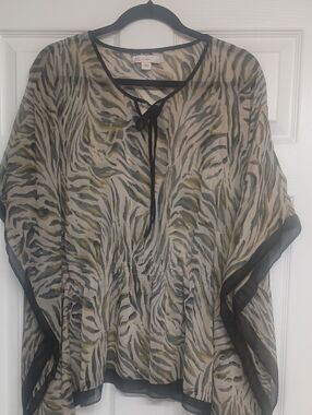 Sheer Zebra-Print Tie-Neck Poncho Top in Olive, Black & Cream